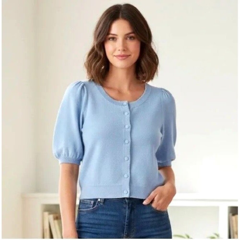 JOIE 100% Cashmere Knit Cardigan Sweater Sky Blue Button Short sleeve Sz: S NWT